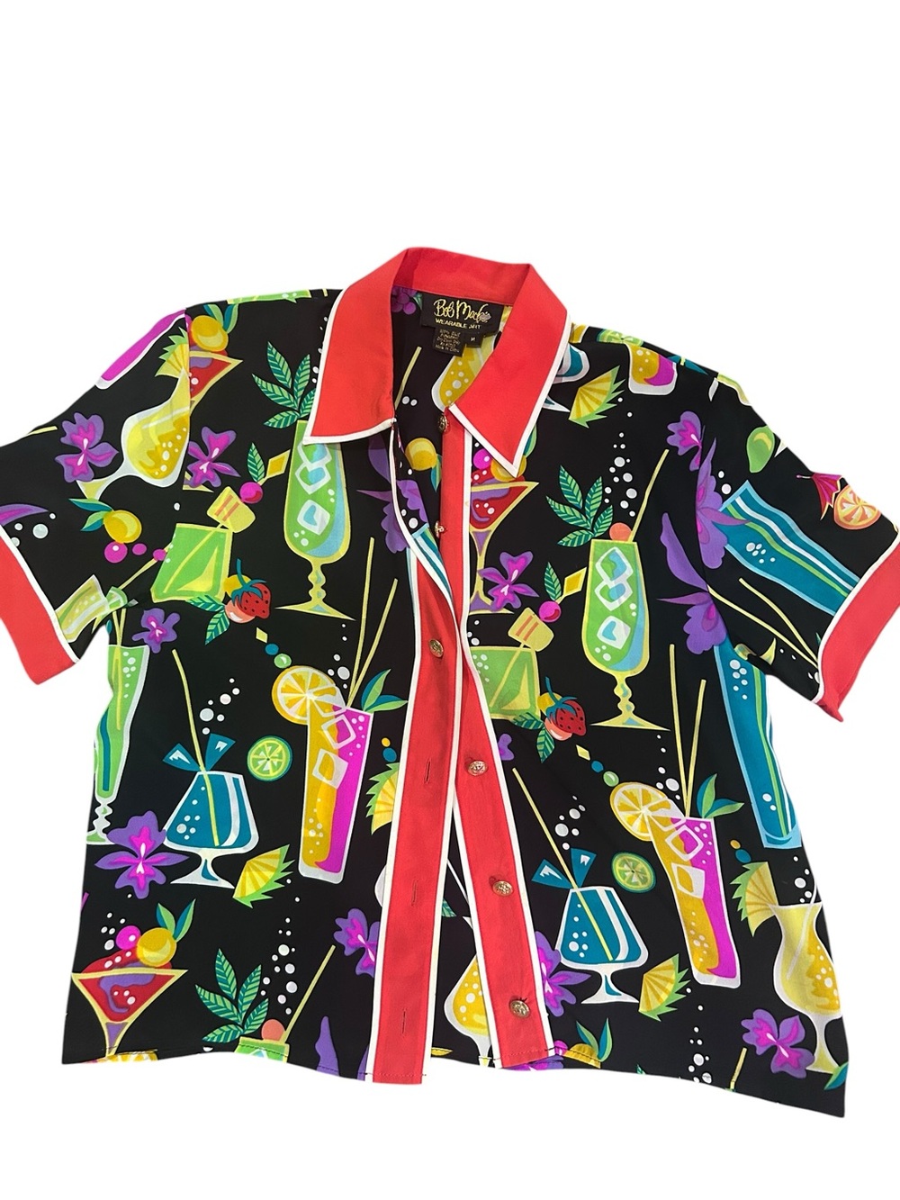 Novelty Vintage 90s Bob Mackie Wearable Art Silk Cocktail tropical Blouse